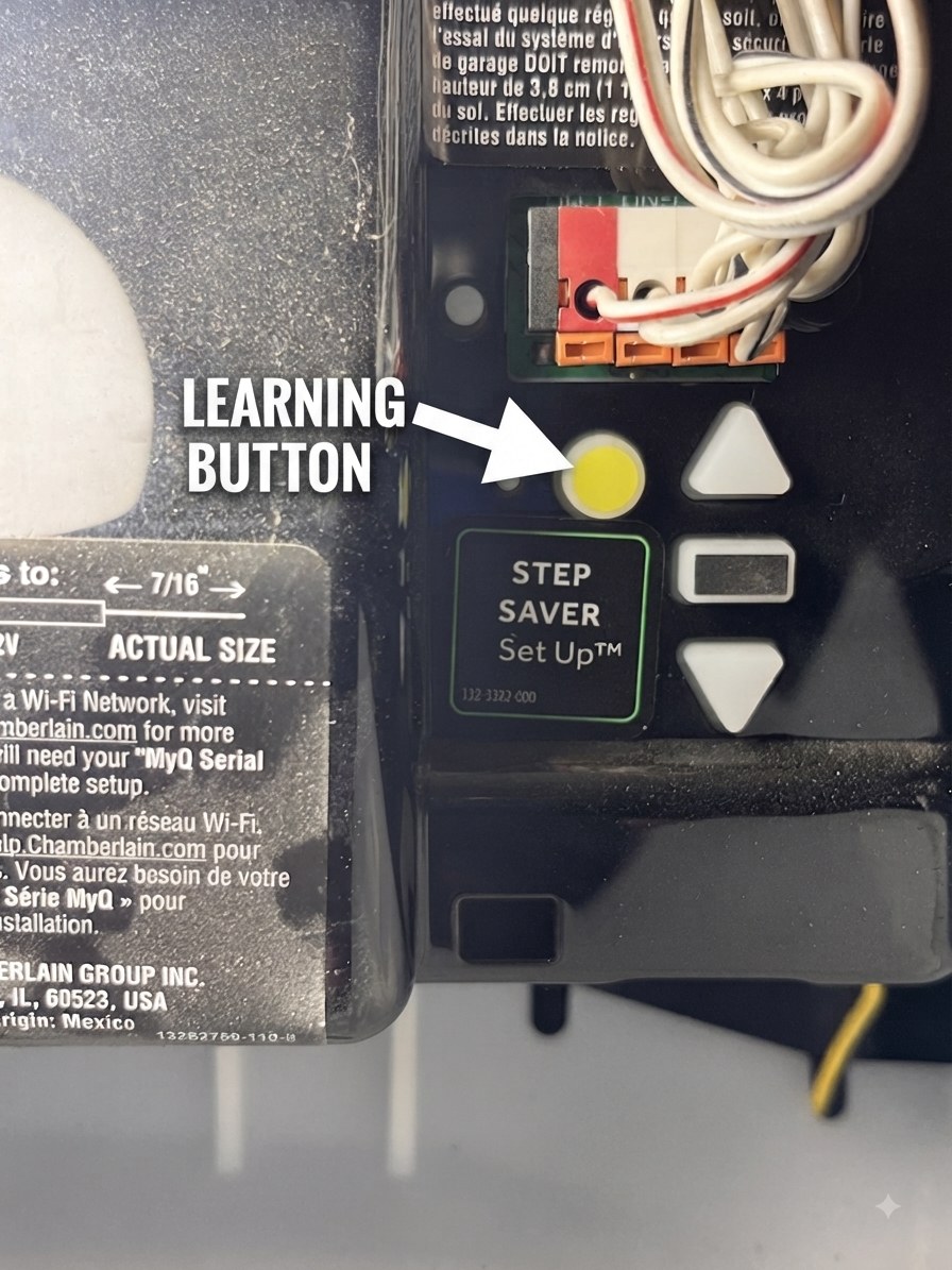 The learning button on a garage motor — this one is yellow, which puts it in the 2011-onwards group