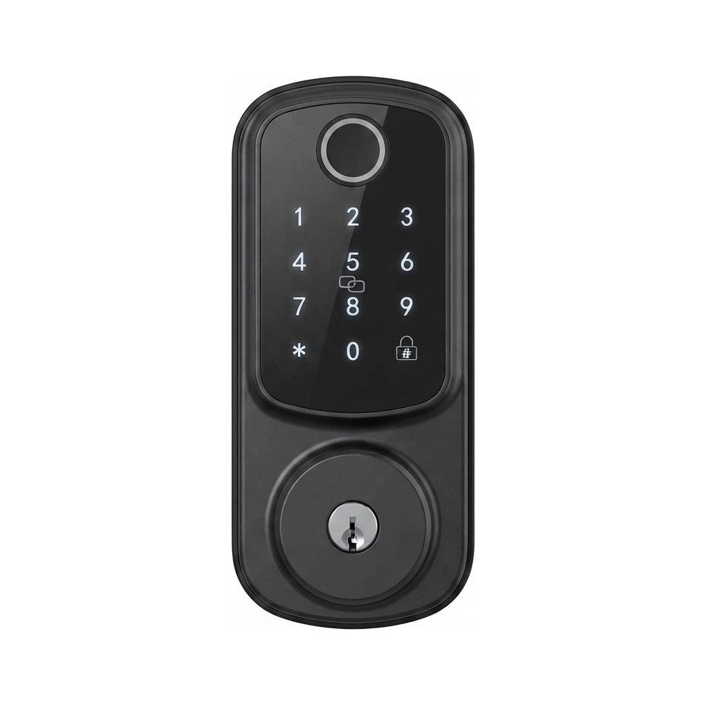 MK-1 Smart Deadbolt in matte black — fingerprint reader, touch keypad, key override