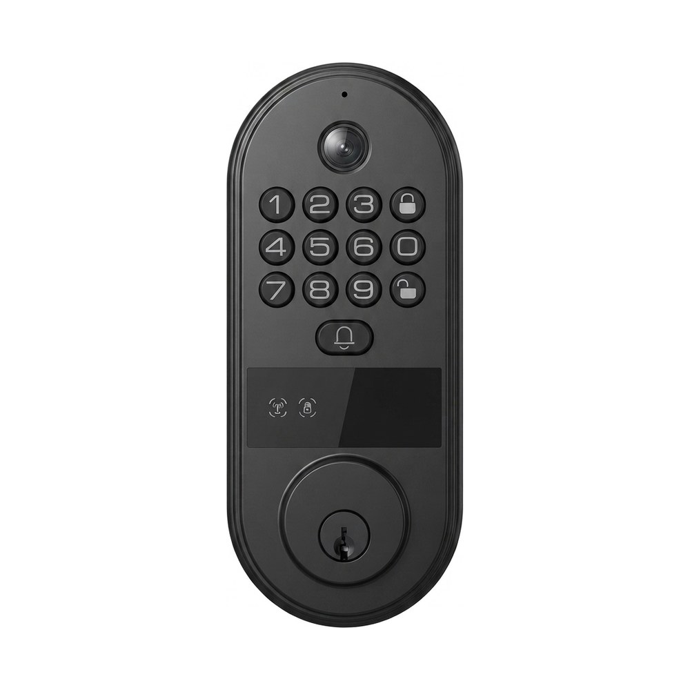 MK-3 Lockbell — camera, doorbell button, keypad, face and palm reader, key override
